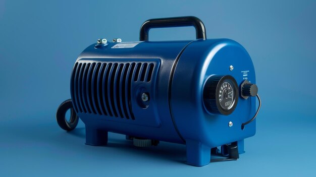 Photo a blue air compressor quietly sitting on top of a smooth bluehued surface