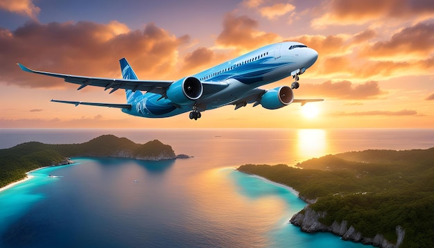 a blue airplane is flying over the ocean and the sun is setting