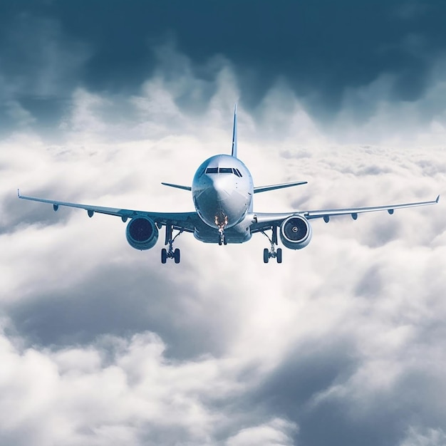 Foto un aeroplano blu sta volando nel cielo con il carrello di atterraggio abbassato.