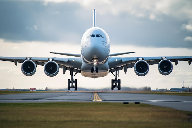 A blue airplane is taking off from an airport runway frontal modern heavy transport aircraft airbus