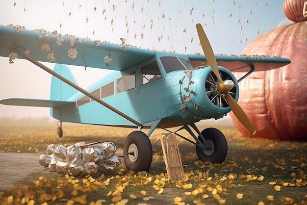 A blue airplane with a flower on the front sits in a field.