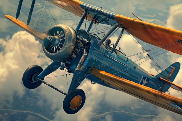 Foto un aereo blu con un'ala gialla e la parola sul fondo