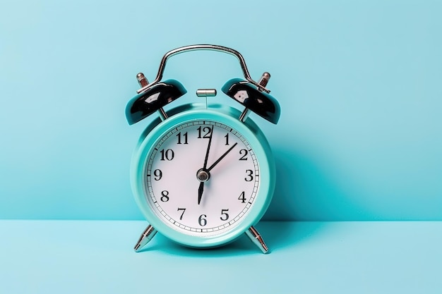 blue alarm clock on a blue background