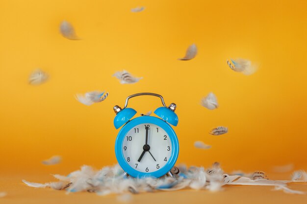 Blue alarm clock in a heap of feathers