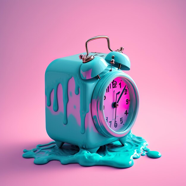 Blue alarm clock molten on pink pastel color background generative ai