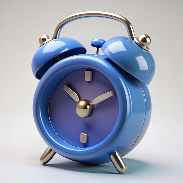 a blue alarm clock with a blue face and a silver metal handle