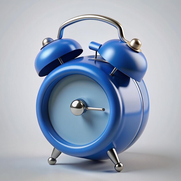 a blue alarm clock with a blue face and a silver metal ring