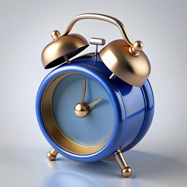 a blue alarm clock with a gold rim and a blue face