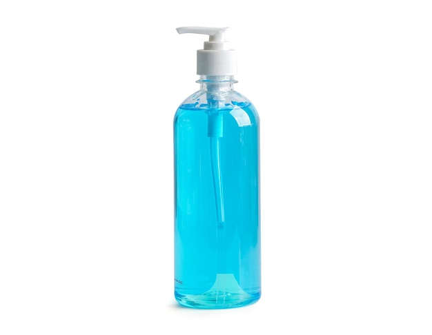 blue alcohol sanitizer gel bottle isolated on white background for washing to protect safety infection and kill novel coronavirus covid 19 virus bacteria and germs