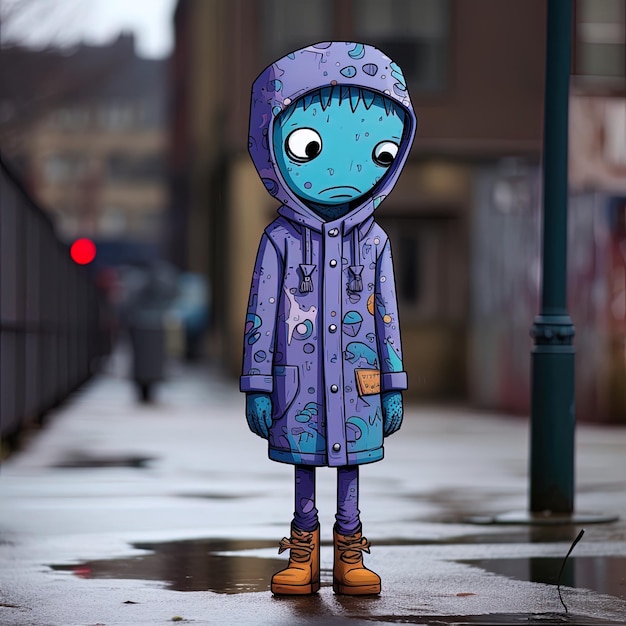 Foto una figura aliena blu è in piedi sotto la pioggia su un marciapiede bagnato.