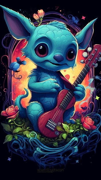 A blue alien with a guitar and flowers in front of a dark background generative ai