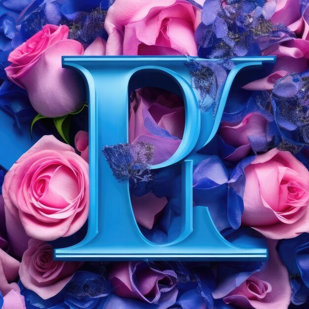 Blue alphabet with rose petals on blue background Letter Q