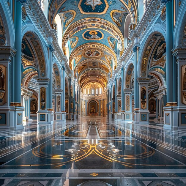 写真 大きな 宗教 的 な 大聖堂 の 青色 と 金色 の 天井