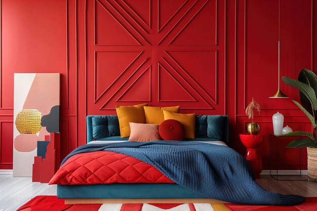 사진 파란색과 빨간색 현대적인 침실 인테리어 디자인 생생한 색상 빛에서 트렌디한 주택 장식