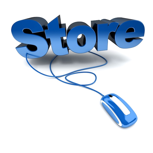 Фото Сине-белая трехмерная иллюстрация словарного магазина, подключенного к компьютерной мыши