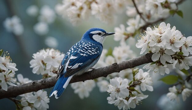 사진 파란색과 색의 새는 활기찬 털과 복잡한 패턴으로 나무 가지에 앉아 있습니다.