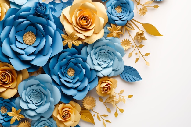 Photo blue andgolden paper flowers in various sizes on light background