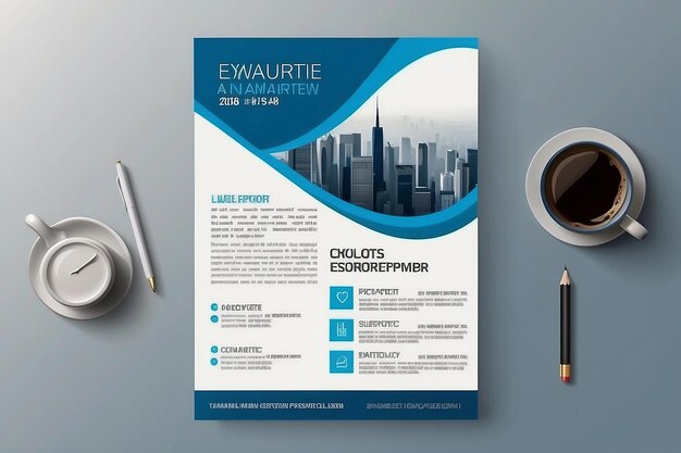 Photo blue annual report brochure flyer design template vector leaflet cover presentation abstract flat background