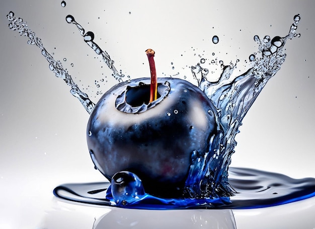 A blue apple is in a water splash and it is about to be dropped.