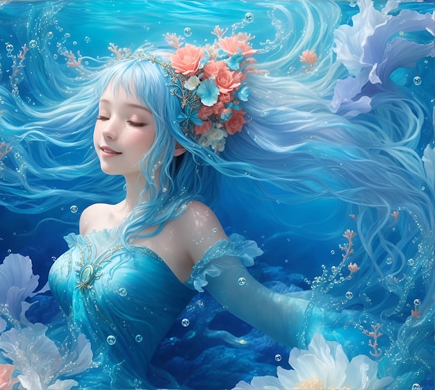 The blue aquarius mermaid in the deep ocean incredibly beautiful AI generated