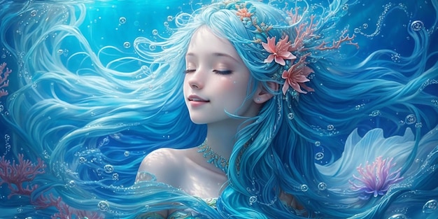 The blue aquarius mermaid in the deep ocean incredibly beautiful ai generated