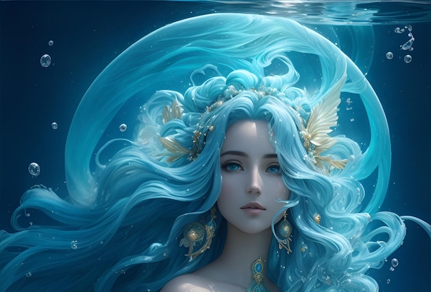 The blue aquarius mermaid in the deep ocean incredibly beautiful AI generated