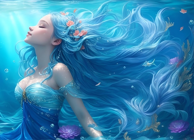 The blue aquarius mermaid in the deep ocean incredibly beautiful AI generated