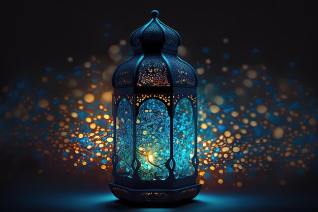 Blue arabic lantern with copy space for text