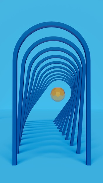 Blue arches arranged in a row with golden irregular sphere inside on light blue scenery 3d illustration