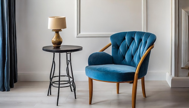 Blue armchair in a modern setting with coffee table