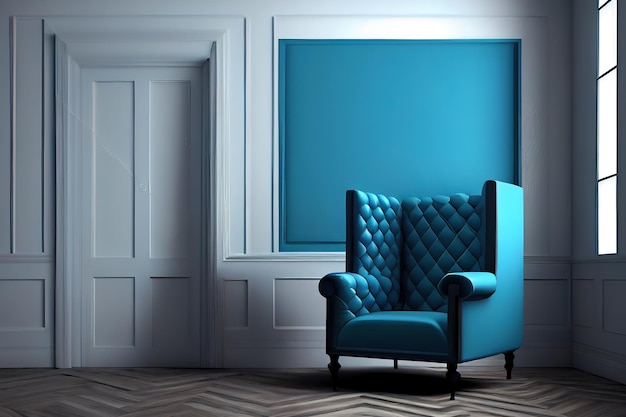 Blue armchair next to a white wall and on parquet in an empty space 3d illustration Generative Ai