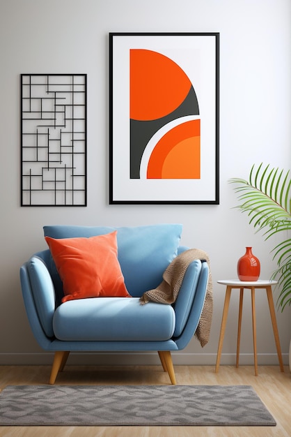 オレンジと灰色のアートワークの青いアームチェア
