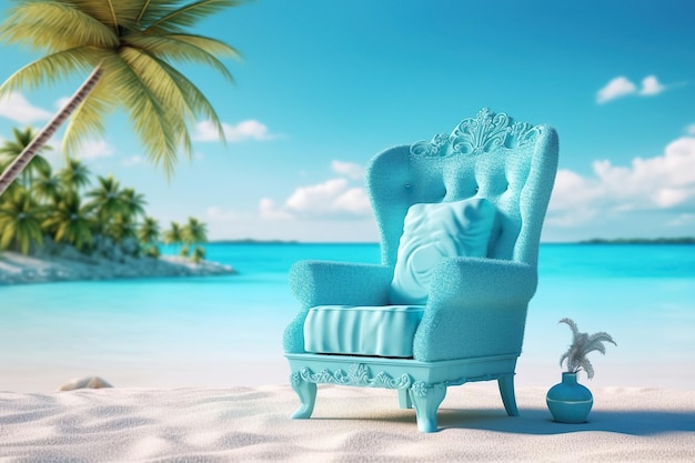 Blue armchair with palm tree on beautiful tropical