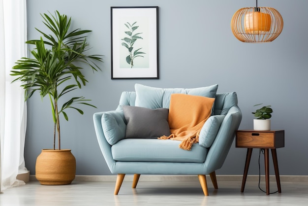 Blue armchair with potted floor plant and side table in living room