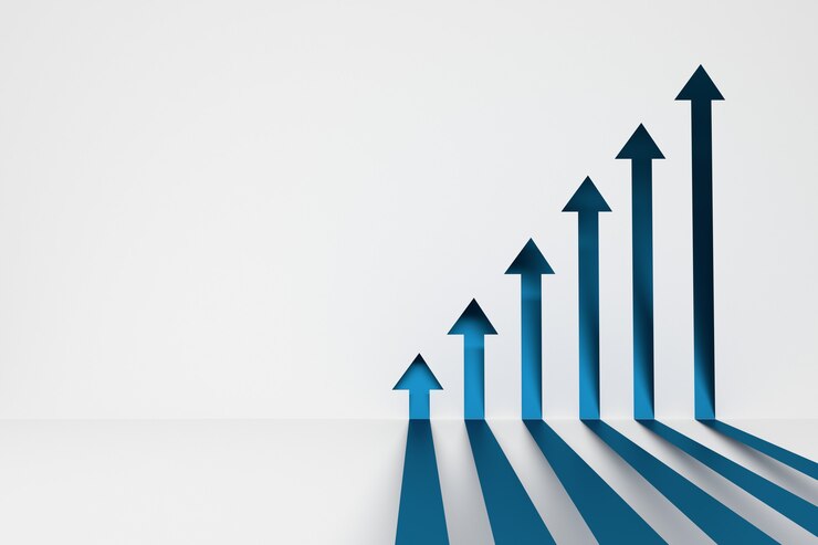 Photo blue arrows pointing up on white background with copy blank space. 3d illustration.