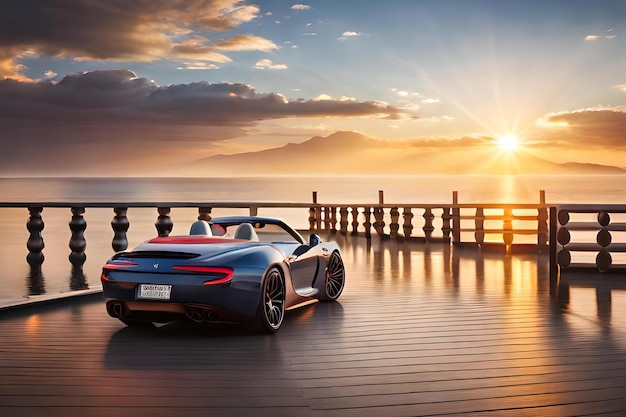 A blue aston martin db5 sports car is parked on a pier in front of a sunset.