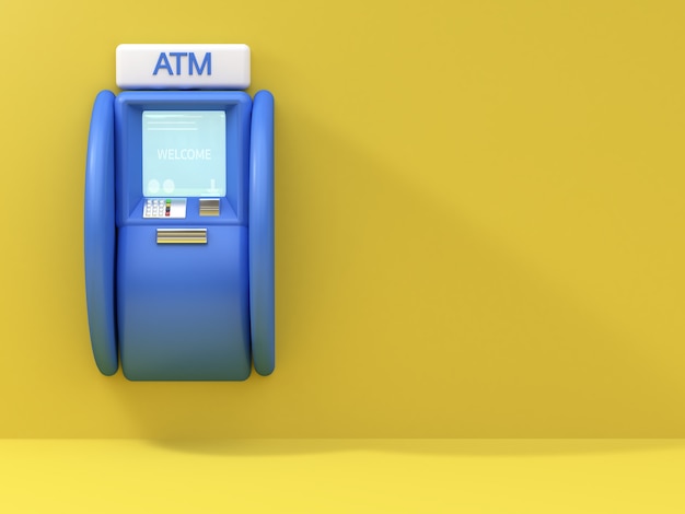 노란색 벽 3d 렌더링에 파란색 ATM