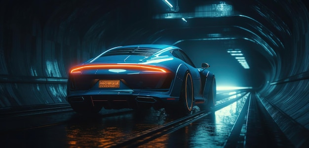 A blue audi r8 gtr car in a tunnel.