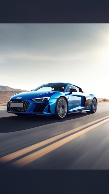 A blue audi r8 is driving on a road.