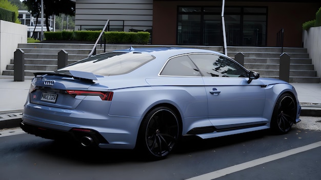 A blue audi s8 with a license plate on the back.