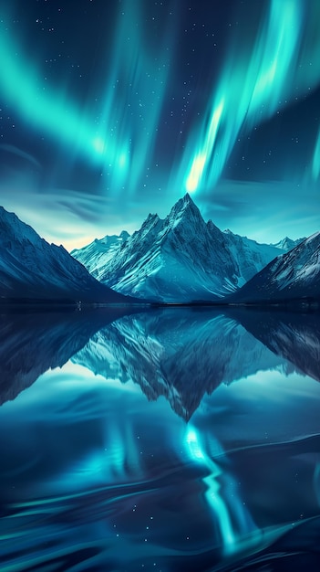 北極の山々の青いオーロラ