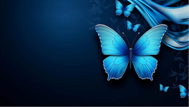 사진 파란색 의식 배경에는 다채로운 나비가 있습니다.