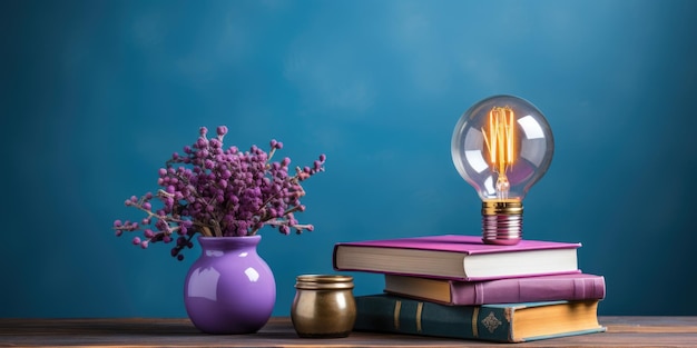 Photo on a blue backdrop a purple textbook with a close book symbol and a yellow light bulb stands alone