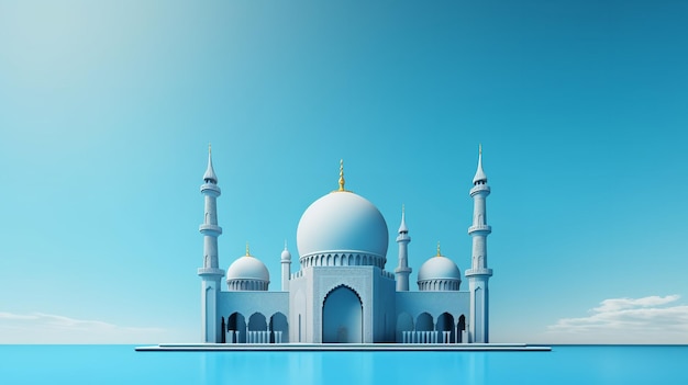 Photo blue backdrop with a threedimensional picture of a mosque ramadan kareem concept generative ai