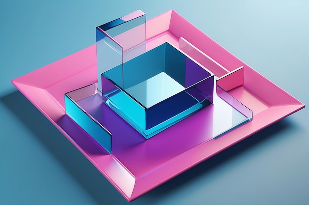 Blue background of 3d geometric shapes with glassmorphism square plate in the center