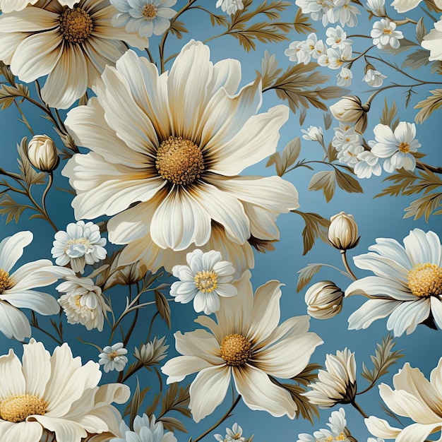 Blue background adorned with a pattern of white and beige flowers tiled