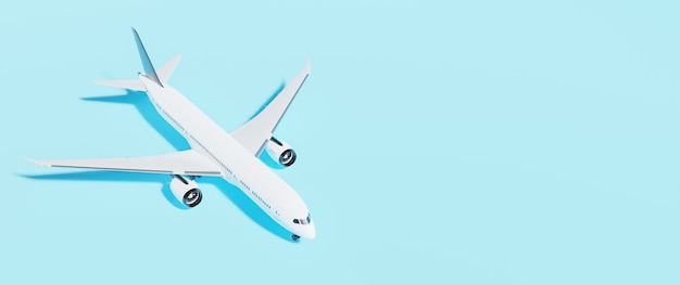 Blue background banner with a white airplane 3d rendering