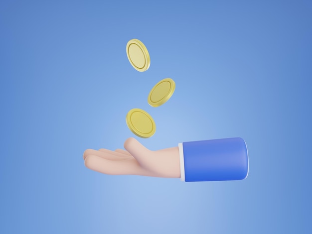 blue background cartoon hand toss a coin gold 3d rendering.