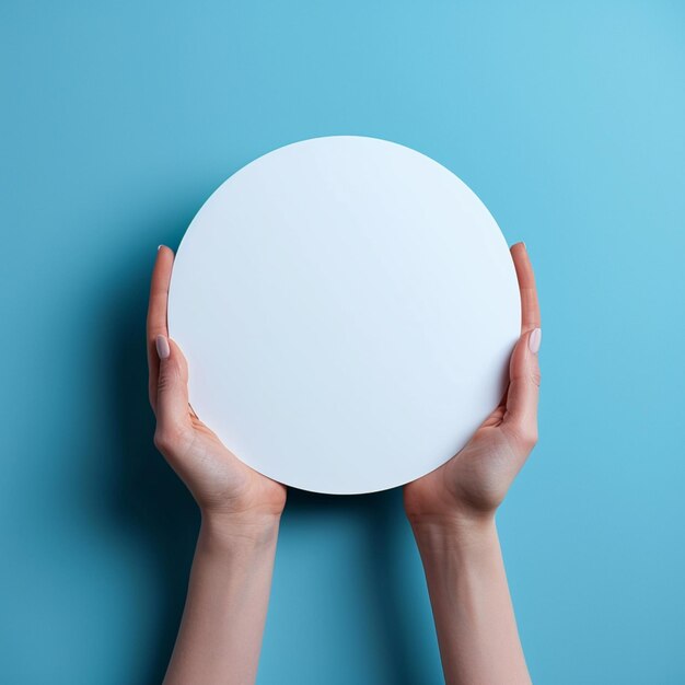 Blue background hand holding empty white circle mockup versatile For Social Media Post Size