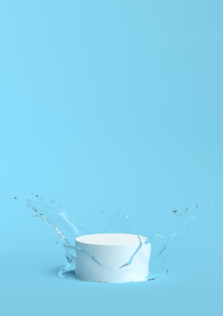 Blue background image There is a shelf for products and the water scattered around the 3D scene